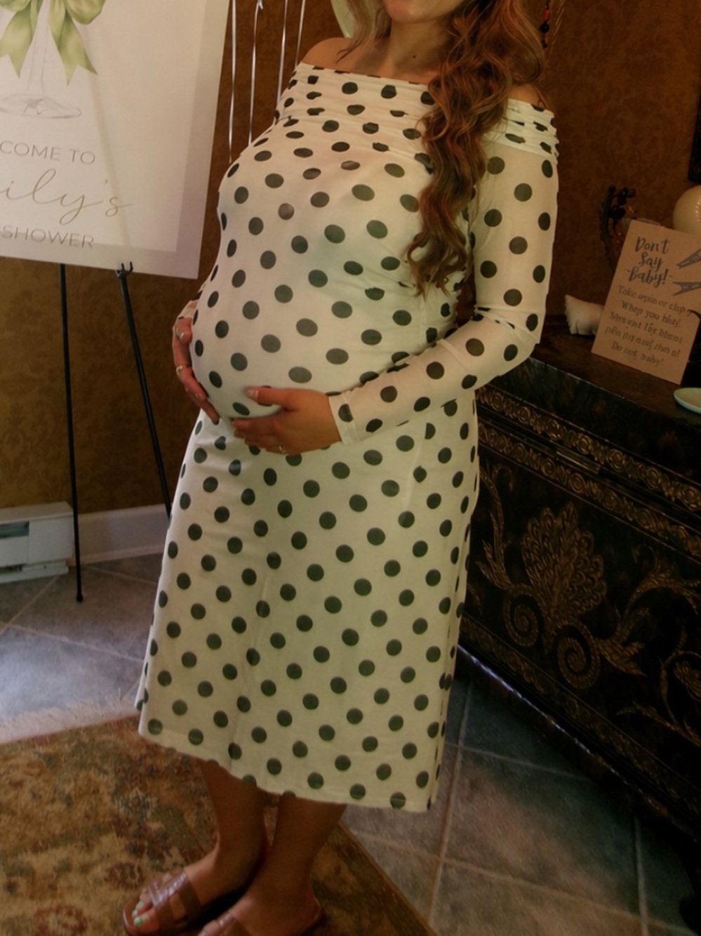 Off-Shoulder Green Polka Dot Maternity Dress
